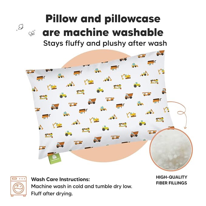 Toddler Pillow with Pillowcase - 13x18 My Little Dreamy Pillow, Organic Cotton Toddler Pillows for Sleeping, Kids Pillow, Travel Pillows,Mini Pillow,Nursery Pillow,Toddler Bed Pillow (Construction)