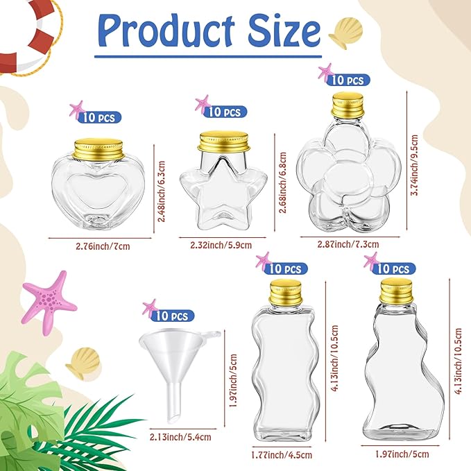 Tanlade 50 Pcs Sand Art Bottles Plastic Sand Art Containers with 10 Funnels Sand Art Bottles Kits for Kids Craft Collection Bottles for Craft DIY Art Activity Party Group, Sand Not Included (Gold)