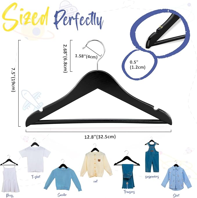 FairyHaus Kids Wooden Hangers 20Pack Black, 12.8 Inch Baby Wooden Hangers for Closet, Anti-Rust 360° Swivel Hook, Notches & Smooth Finish, Natural Solid Wood Childrens Hangers for Clothes