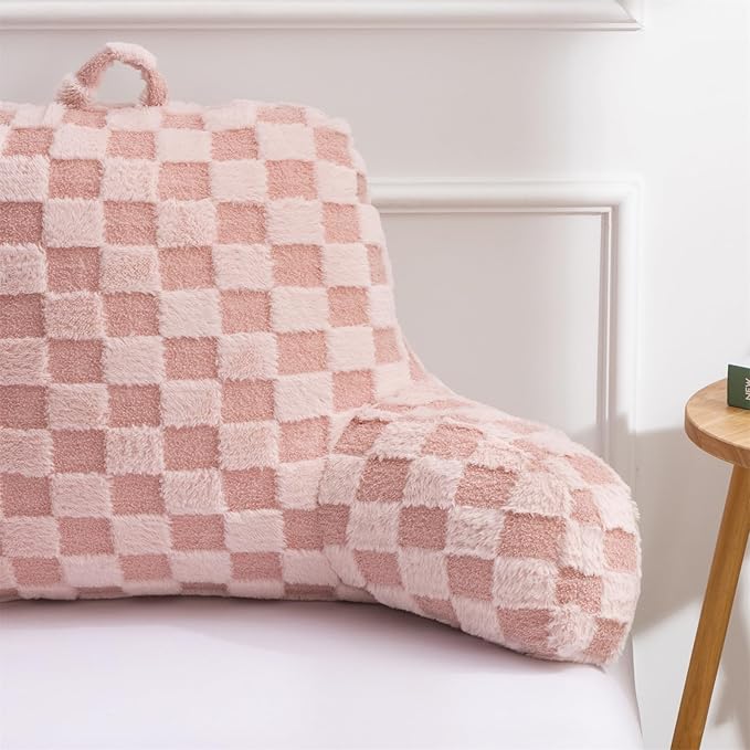 Aimuan Checkered Reading Pillow Bed Rest Wedge Backrest Checkerboard Pillow with Arms Back Support for Sitting Up in Bed Cushion Incline Rest Sleeping Snoring Pillow (Pink,Large)