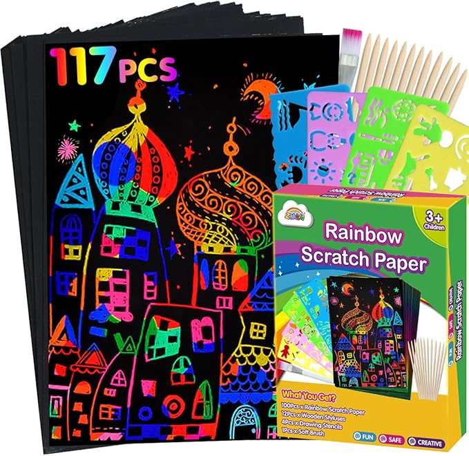 ZMLM Rainbow Scratch Paper Kit: 117Pcs Magic Art Craft Stuff Supplies Black Drawing Pad for Age 3-12 Kids Children Girl Boy DIY Toy Activity Educational|Party Faver|Christmas Birthday Gifts
