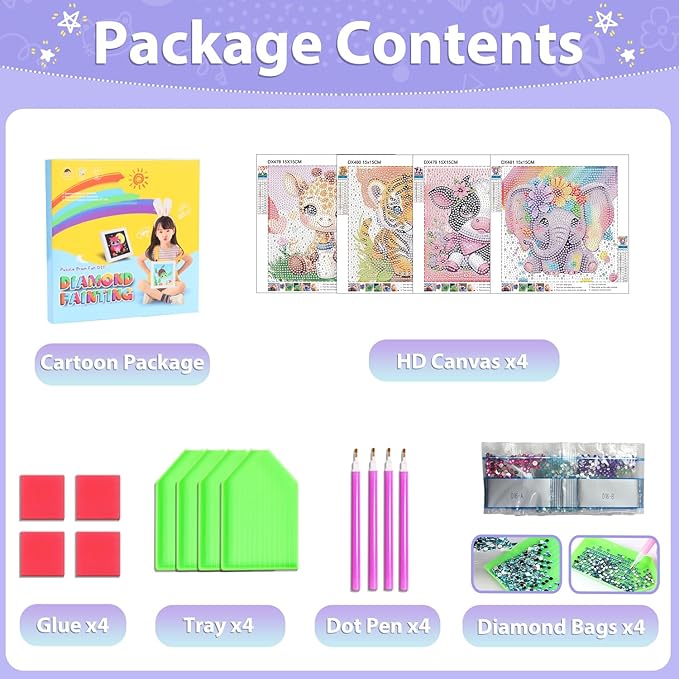 hkejoi 4 Pack Diamond Painting Kits with Box Animal Diamond Art Kits, Big Gem Diamond Painting Arts and Crafts Painting Kit for Gift Home Decor 6x6inch