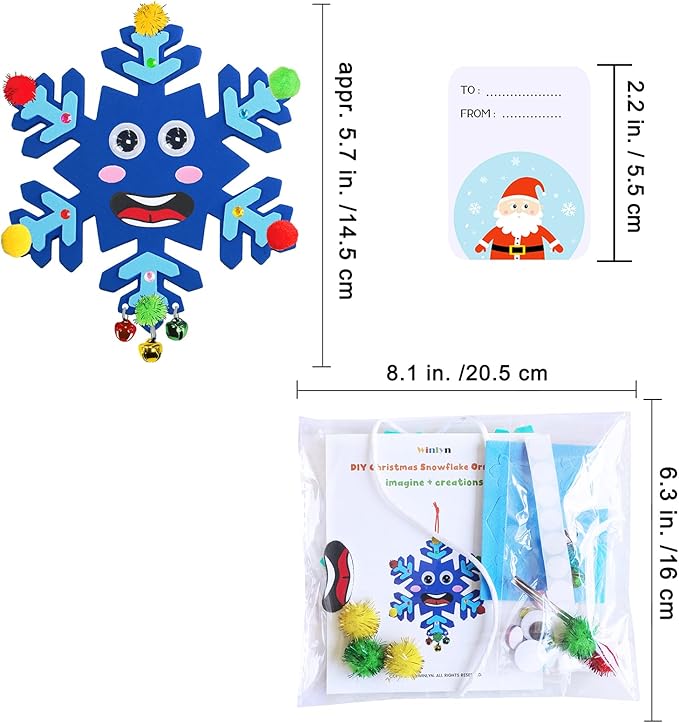 Winlyn 24 Sets Christmas Craft Kits Winter Crafts DIY Snowflake Ornaments Decorations Art Sets Foam Snowflakes Smile Stickers Jingel Bells for Kids Holiday Home Classroom Activities Party Favors