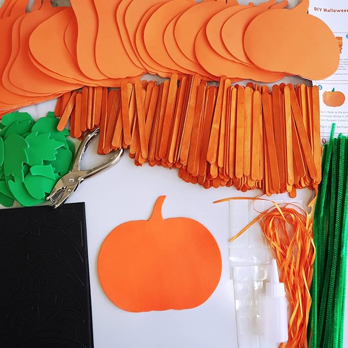 Winlyn 24 Sets Pumpkin Crafts Kits Halloween Crafts Fall Kids Crafts DIY Pumpkin Ornaments Decorations Art Sets Craft Sticks Pumpkin Foam Stickers Arts and Crafts for Kids School Classroom Activity