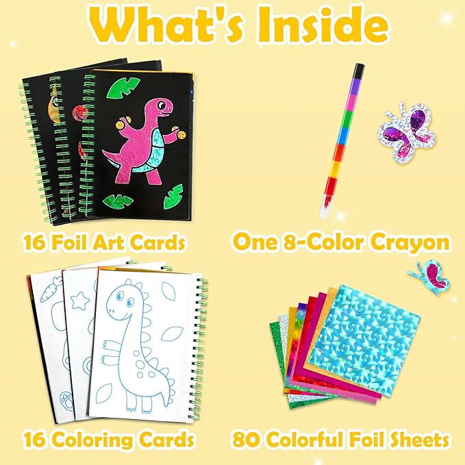 Foil Art Craft Activity for Kids: Fun DIY Toy Sticker Kit, No Mess Creative Travel Supply Set, Idea Birthday Easter Basket Stuffers Valentines Gift for Girl Boy Toddler 4 5 6 7 8 9 Year Old (Dinosaur)