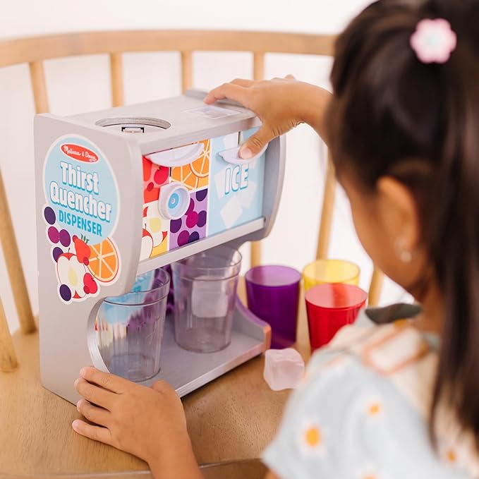 Melissa & Doug Thirst Quencher Wooden Drink Dispenser Pretend Play Set With Cups, Juice Inserts, Ice Cubes Pretend Play Soda Fountain, Food Sets For Kids Kitchen, For Kids Ages 3+ -