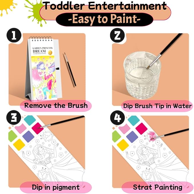 Riomhorry Water Coloring Books for Toddlers, Water Painting Easel Books with Brush for Kids Ages 2-4, 4-8, Watercolor Book to Toddler Painting Activities, Garden Princess