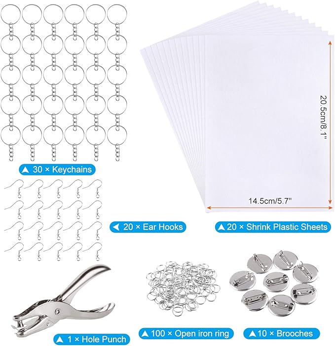 ASTARON 181Pcs Shrinking Plastic Sheets Kit Includes 20 Shrinking Film Art Paper and 161 Pcs Shrinkles Keychains Making Accessories for Kids Craft and Art Supplies