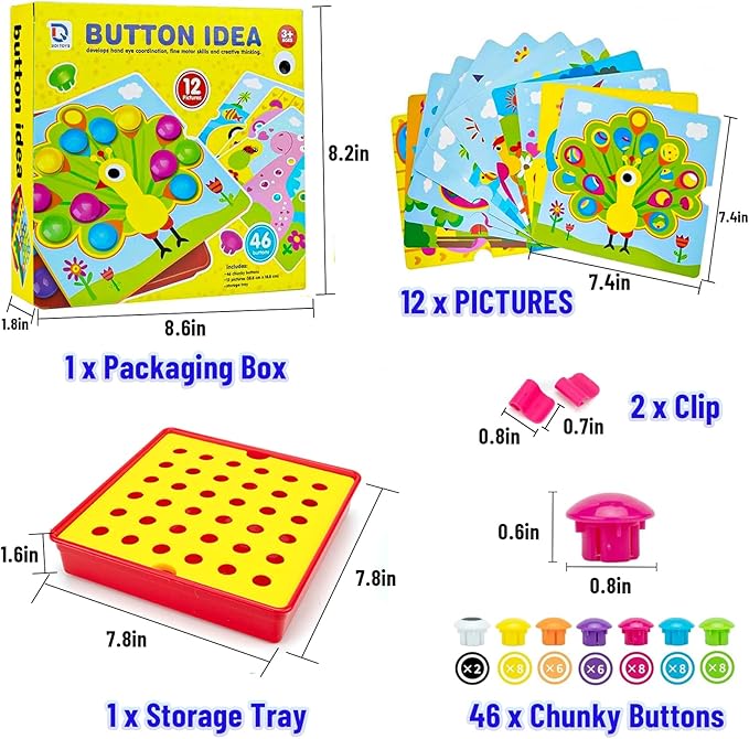 Button Art Toys for Toddlers, Crafts for Toddler Toys Age 3-5, Early Learning Educational Toys, Color Matching Puzzle, Fine Motor Skills Game, Preschool Learning Toys for Boys & Girls 3+