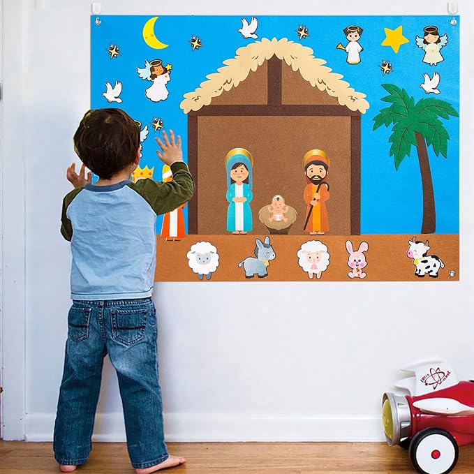 WATINC 42Pcs Nativity Baby Jesus Birth Felt Story Board Set Christmas Storytelling Party Supplies Xmas He is Risen Jesus Crucifixion Resurrection Early Learning Play Kit for Toddlers Kids