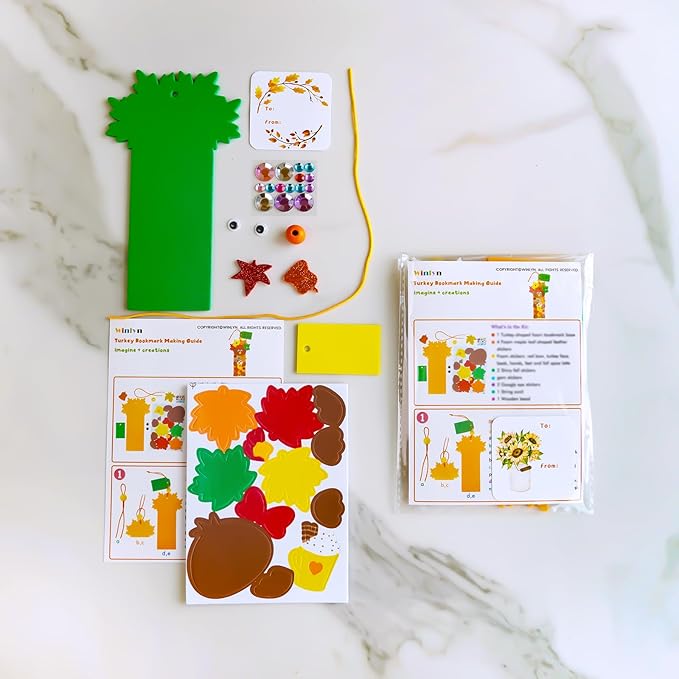 Winlyn 24 Sets Thanksgiving Turkey Craft Kits Fall Kids Crafts DIY Thanksgiving Turkey Bookmarks Art Sets Autumn Leaf Turkey Foam Stickers Arts and Crafts for Kids Party Favors Classroom Activities