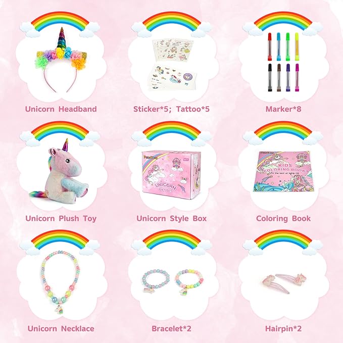 PERRYHOME Unicorn Toys for Girls Unicorn Gift Set with Unicorn Stuffed Animal, Unicorn Coloring Book, Unicorn Necklace & Bracelet, Unicorn Themed Girl Gift Toy Birthday Gift Nude Pink