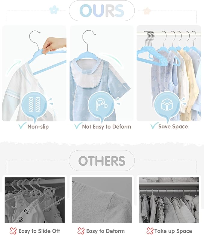 Baby Hangers, VIS'V 11 Inch Blue Velvet Kids Hangers with 6 Pcs Size Dividers Non Slip Nursery Children Closet Clothes Hangers for Infant Toddler Girls and Boys 30 Pcs