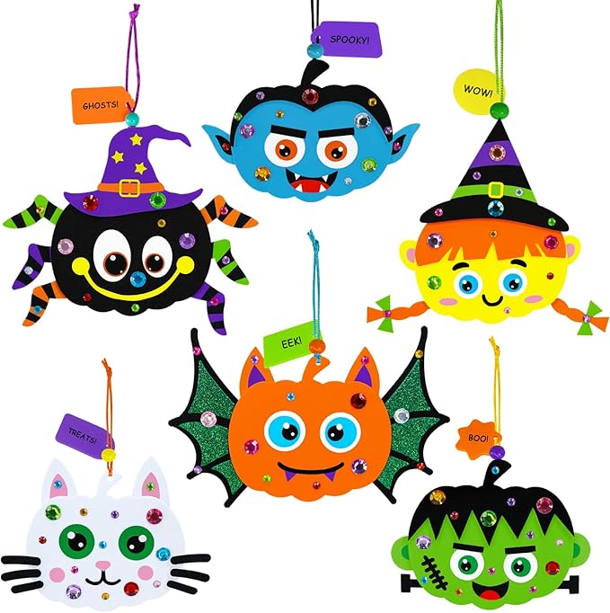 Winlyn 24 Sets Halloween Craft Kits Fall Crafts Autumn Kids Crafts DIY Spider Bat Witch Pumpkin Crafts Foam Stickers Halloween Arts and Crafts for Kids Classroom Activities Art Project Party Favors
