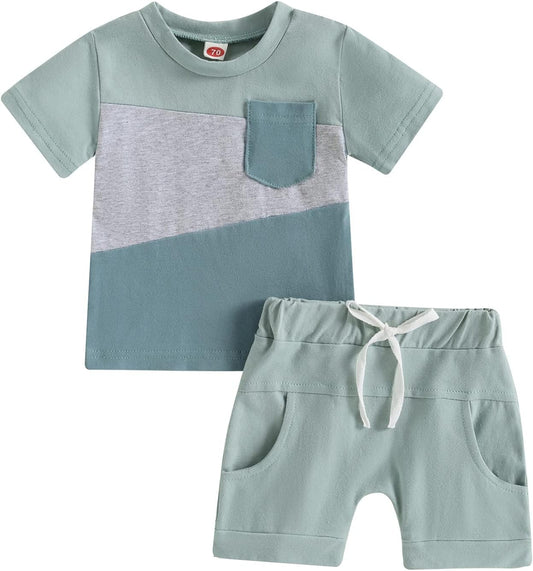fhutpw Baby Toddler Boy Clothes Summer Outfits 6 12 18 24 Months Patchwork Short Sleeve T Shirt & Shorts Sets with Pockets