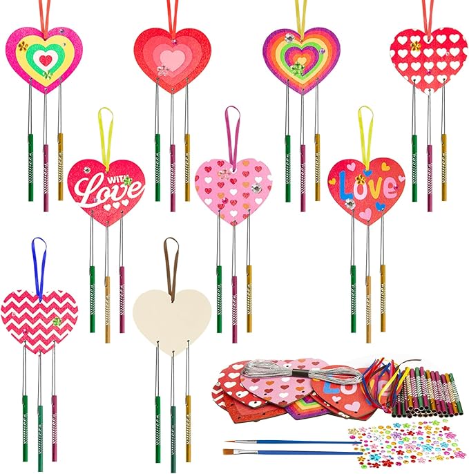 Fennoral 9 Pack Heart Wind Chime Kit for Kids Make You Own Love Wind Chimes DIY Colorful Valentine's Day Wooden Art and Craft for Kids Valentine's Day Party Decoration