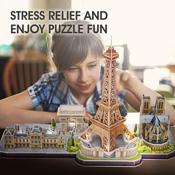 CubicFun 3D Puzzles for Kids Ages 8-10 LED Paris Cityline, Toys for Kids Arts and Crafts for Kids Ages 8-12 STEM Projects for Kids Ages 8-12 Gifts for Girls Boys Easter Gifts for Kids Home Decor