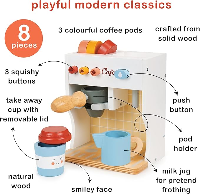 Mentari Toys - Barista Set - Wooden Coffee Machine Pretend Food Play Toy with Espresso Capsules and Cups - Made with Premium Materials and Craftsmanship - Age 3+