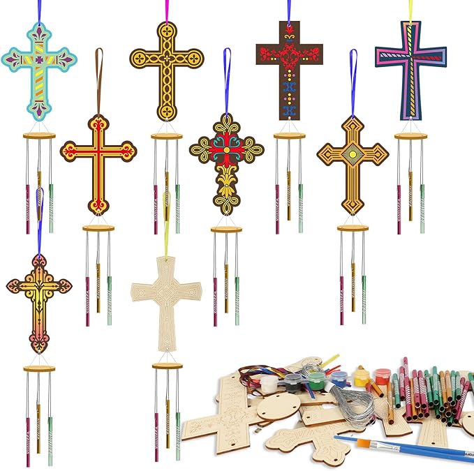 Fennoral 9 Pack Cross Wind Chime Kit for Kids Make You Own Sunday School Craft for Girls Boys DIY Coloring Wooden Christian Crafts for Religious Art Party Decoration Birthday Gift