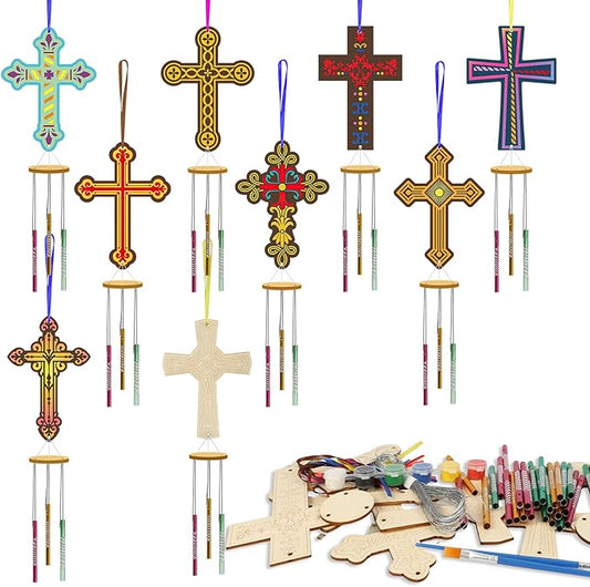 Fennoral 9 Pack Cross Wind Chime Kit for Kids Make You Own Sunday School Craft for Girls Boys DIY Coloring Wooden Christian Crafts for Religious Art Party Decoration Birthday Gift