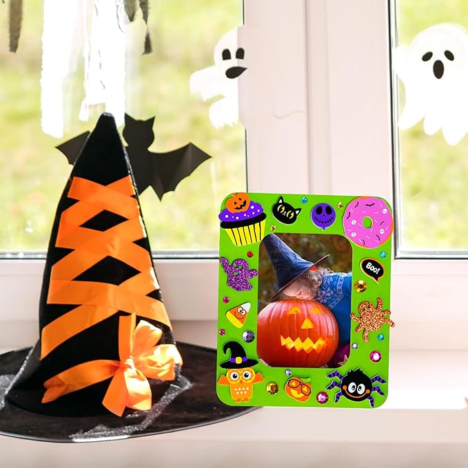 Winlyn 24 Sets Halloween Craft Kits DIY Halloween Picture Frame Decorations Art Sets Ghost Monster Jack-O'-Lantern Fall Leaf Festive Foam Stickers Arts and Crafts for Kids Party Classroom Activities
