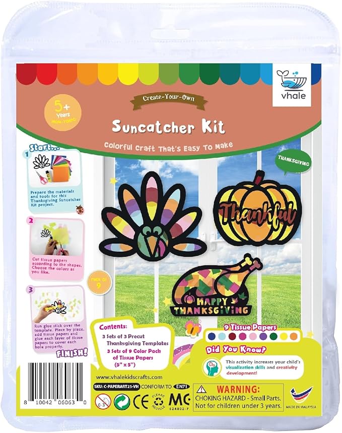 VHALE Suncatchers Craft 3 Sets (9 Cutouts) w Tissue Papers Stained Glass Effect Paper Sun Catcher Kit, Window Art, Classroom Crafts, Creative Art Projects, Kids Party Favors (Thanksgiving)