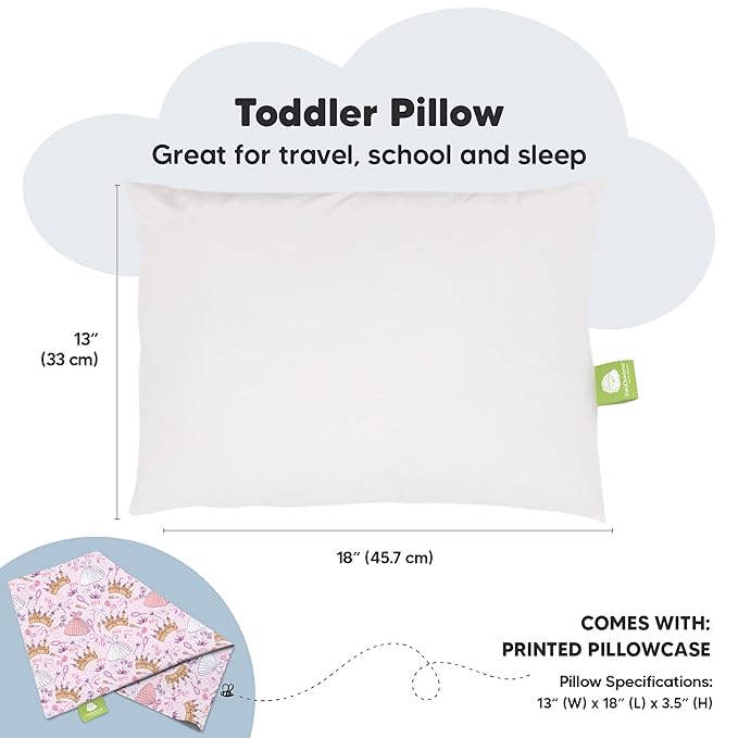 Toddler Pillow with Pillowcase - 13x18 My Little Dreamy Pillow, Organic Cotton Toddler Pillows for Sleeping, Kids Pillow, Travel Pillows,Mini Pillow,Nursery Pillow,Toddler Bed Pillow (Dear Princess)