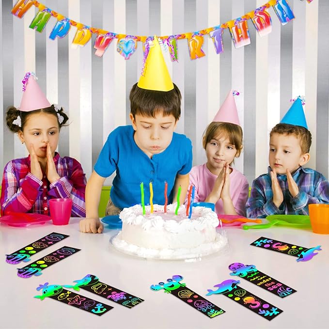 BeYumi 60Pcs Sea World Animals Scratch Bookmarks for Kids DIY Under The Sea Magic Art Rainbow Color Paper Craft Kit Summer Party Favors Birthday Gifts School Classroom Activity Art Project Supplies