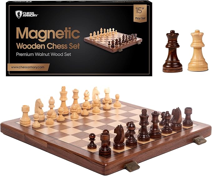 Chess Set Magnetic - Premium Wooden Board Game with a Portable Wood Case and Secure Storage for Pieces, Set for Kids and Adults (Walnut Wood) - Chess Armory