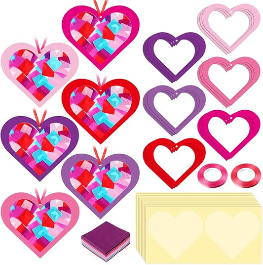 Tinlade 24 Pcs Valentine's Day Suncatcher Craft Kit Pink Heart Shaped Suncatcher Window DIY Tissue Paper Decoration Ornament for Classroom Valentines Party Favor Supplies