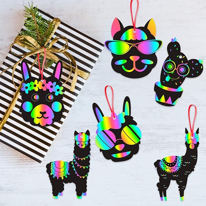 WATINC 60 pcs Alpaca Scratch Cards Art Set for Kids Adults, DIY Color Card Art Craft Kit, Llama Carnival Party Favor,Llama Themed Fun Game, 6 Styles with Ribbon Wood Stylus