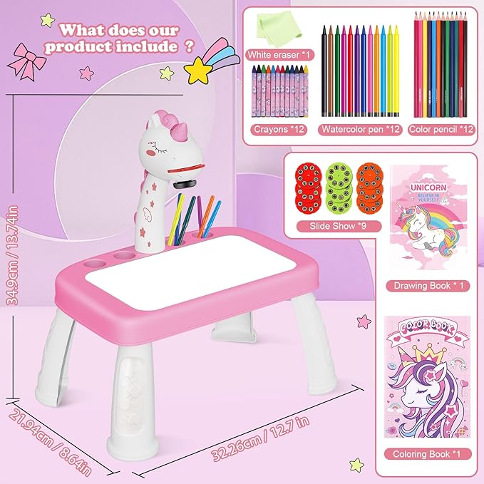 Drawing Projector for Kids, Drawing Board with Music, Color Pens, Pencils, Crayons, Scrapbook, Unicorn Sticker Book, Ideal Toy for 3+ Year Old Girls & Boys (Unicorn Kit)