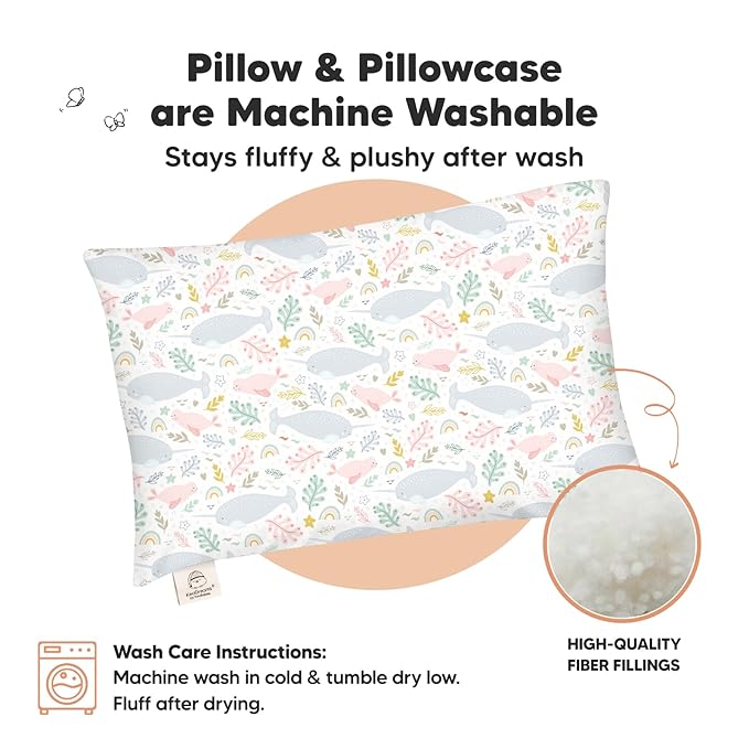 Toddler Pillow with Pillowcase - 13x18 My Little Dreamy Pillow, Organic Cotton Toddler Pillows for Sleeping, Kids Pillow, Travel Pillows, Mini Pillow, Nursery Pillow, Toddler Bed Pillow (Narwhal)