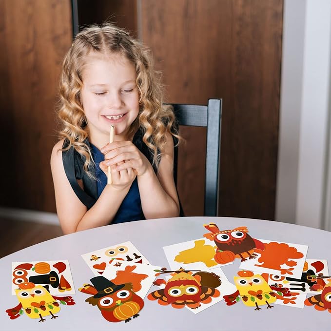 Autumn Thanksgiving Owl Craft Kit for Kids DIY Fall Turkey Day Paper Craft Kits Assorted Owl Shapes Gift with Pumpkins Favors Thanksgiving Day Project Home Classroom Game Activities(24 Sets)