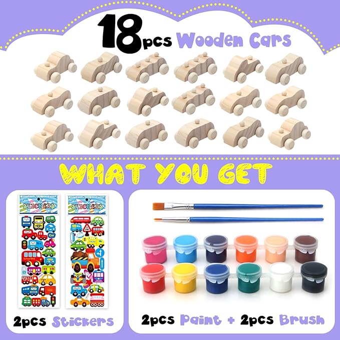 Wooden Cars,Come with 18 Pcs Unfinished Wooden Cars to Paint for Kids and 1set Paint Colors, 2 pcs Wooden Car Sticker