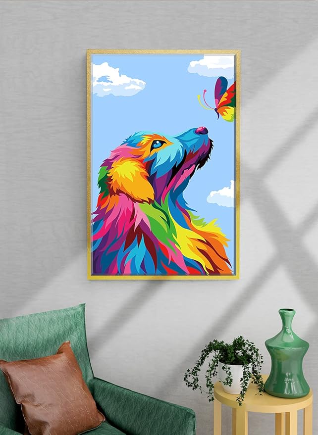 Paint by Numbers,DIY Oil Painting Kit for Kids & Adults Beginner – 12” x 16” Colorful Dog and Butterfly Pattern with Wooden Easel