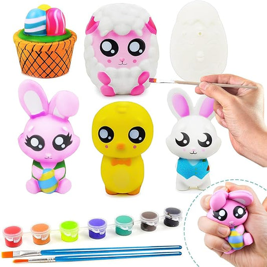 JOYIN 6 Pcs Easter Squishy Toy Coloring Craft Kit Easter DIY Paint Your Own Squishy Toy Kit Animal Character Including Paints and Brushes for Egg Hunt, Basket Stuffer, Party Favors