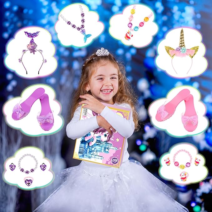 Toddlers Princess Dress Up Clothes for Little Girls 3 4 5 6, Unicorn & Mermaid Kids Dress Up Princess Costume with Wing, Shoes, Play Jewelry, Kids Pretend Play Princess Toys Gifts for Girls Toddlers