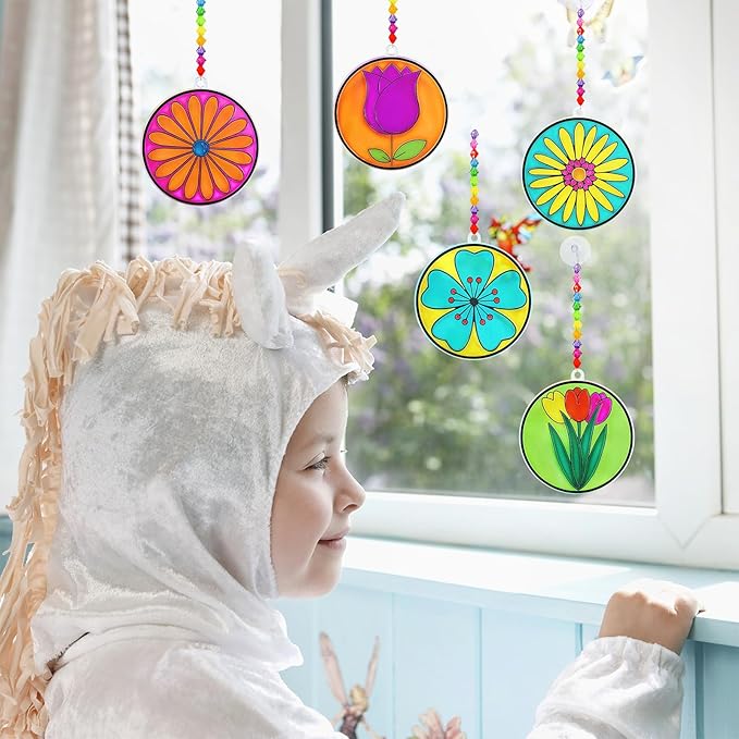 Winlyn 24 Sets Spring Flower Suncatchers Ornaments Decorations DIY Window Paint Art Suncatchers Spring Craft Kit Suncatchers Painting Kits for Kids Classroom Spring Activities Art project Party Favors