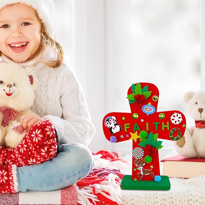 Winlyn 18 Sets Christmas Craft Kits DIY Christmas Stand-up Cross Decorations Art Sets Snowman Snowflake Christmas Foam Stickers Arts and Crafts for Kids Party Classroom Sunday School VBS Activities