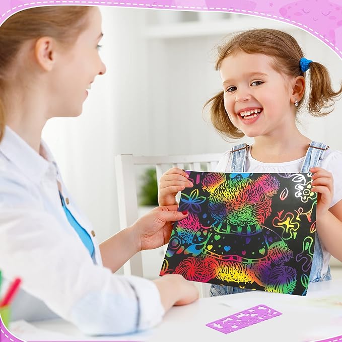 ZMLM Scratch Art Paper Kit: 50pcs Magic Scratch Papers Craft Set 5 Bright Color Drawing Bulk Supplies for Age 3 4 5 6 7 8 Year Old Boy Girl Kid Toy Gift for Birthday Christmas Halloween