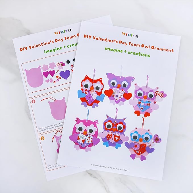 Winlyn 24 Sets Valentine's Day Craft Kits Heart Crafts DIY Valentine's Day Owl Ornaments Decorations Art Sets Foam Owl Heart Stickers for Kids Valentine's Day Party Classroom Activities Gift Exchange
