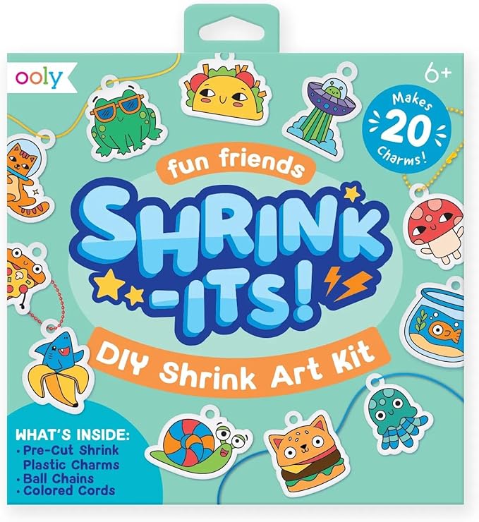 Ooly Shrink-Its DIY Shrinking Art & Vivid Pop Marker Kit, 40 Pre Cut Shrinking Charms, 6 Cords & Chains, 8 Water Based Paint Markers for Kids in Classic Colors