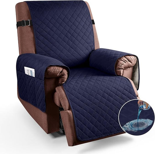 KinCam 100% Waterproof Recliner Chair Cover, Reclining Couch Covers for Pets, Dogs, Recliner Couch Slipcover Furniture Protector with Elastic Straps for Kids(30", Dark Blue)