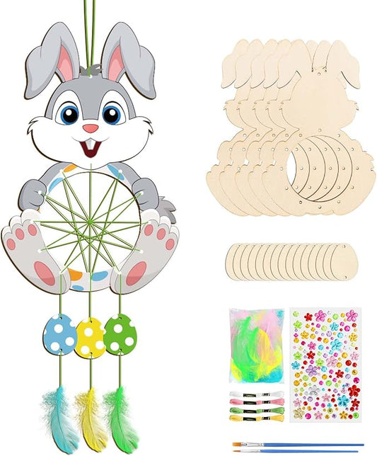 Fennoral 5 Pack Bunny Dream Catcher Craft Kit for Kids Paint You Own Easter Rabbit Dream Catcher Ornament DIY Coloring Wooden Easter Art and Craft for Art Activity Project Easter Decoration