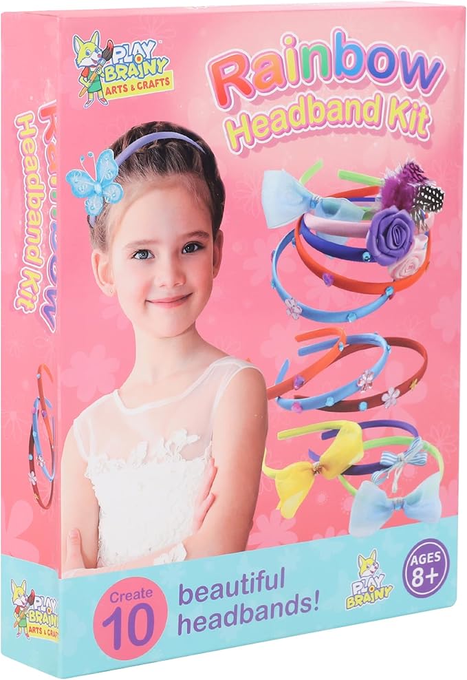 Play Brainy Rainbow Headband DIY Kit for Kids - 8 Year Old Christmas Gifts Girls with 10 Hair Bands, Hair Clasps, Flowers & More, Birthday Gifts for Girls Arts & Crafts for Family & Friends Playdates