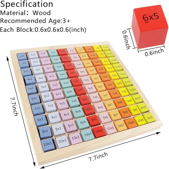 Umbresen Wooden Multiplication Board Game, 100 Cubes Blocks Montessori 10x10 Times Table Tray with Answers Preschool Learning Toys Gift for Children Kids (Multiplication Board)