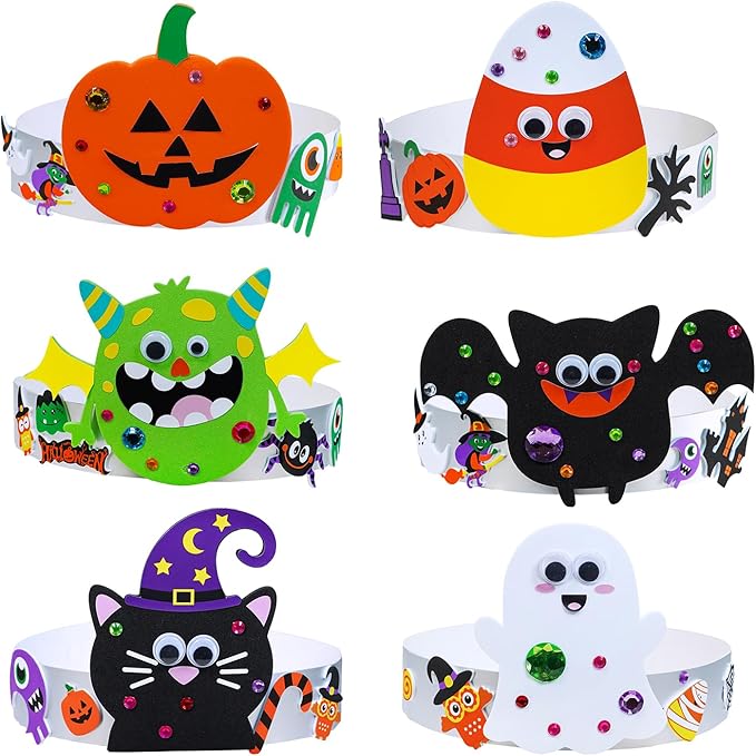 Winlyn 24 Sets Halloween Headbands Craft Kits Crown Art Sets Jack-o'-lantern Candy Corns Ghost Monster Bat Paper Hat with Halloween Foam Stickers for Kids Halloween Classroom Activities Party Favors