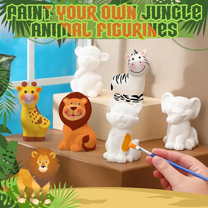 Gemscream 6 Sets Jungle Animal Painting Kit for Girls Boys Crafts and Arts Set Safari Zoo Wild Animal Toy Art and Crafts Ceramics to Paint for Classroom Activities Rewards Paint Figurines Gift