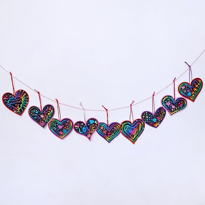 Winlyn 45 Sets 9 Styles Magic Color Scratch Black Valentine Heart Ornaments Decorations Valentine Scratch Art Heart Valentine's Day Craft Kits for Kids Classroom Activities Party Favors Gift Exchange